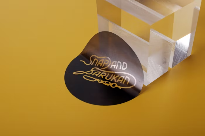 Stiker hitam dengan logo 'Snap and Sarukan' di latar belakang kuning dan kaca transparan.