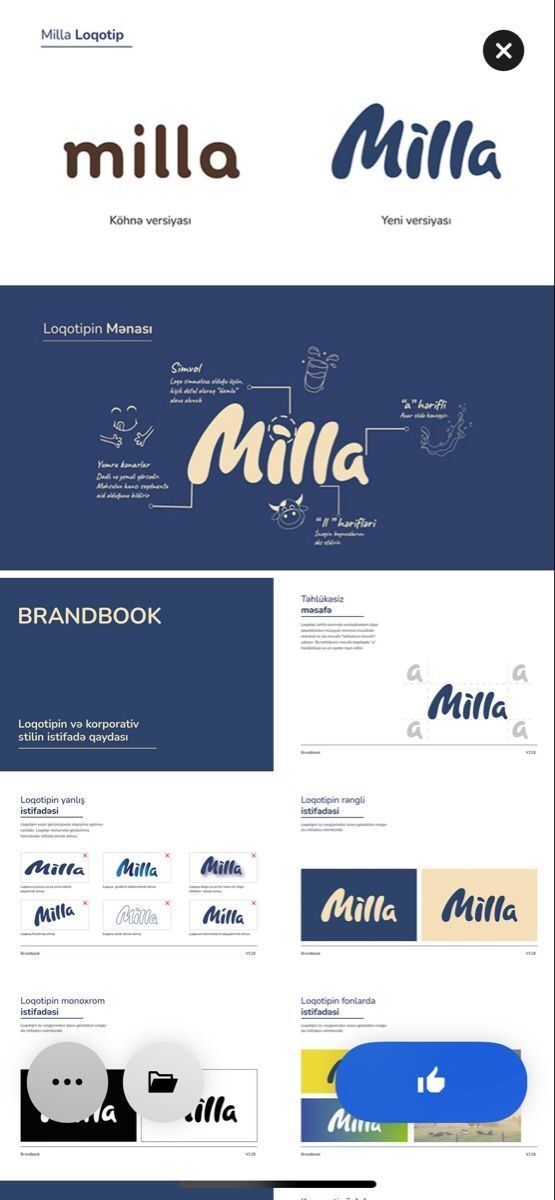 Gambar menunjukkan desain logo baru dan lama untuk merek Milla, serta panduan penggunaan brandbook.