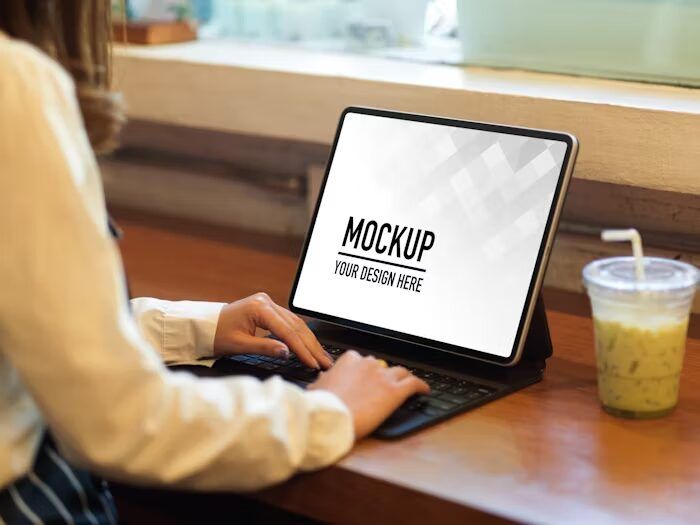 Orang menggunakan laptop dengan layar kosong di meja kafe.