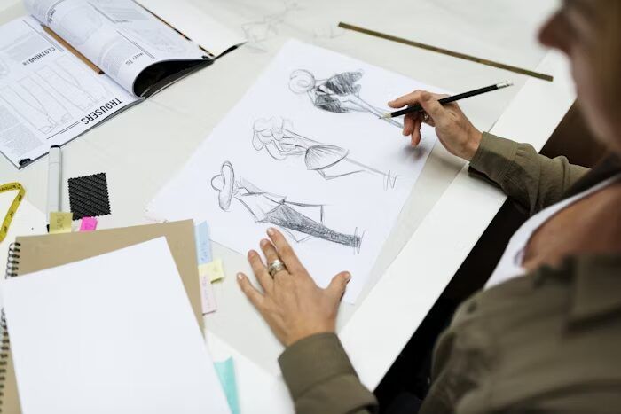 Seorang desainer fashion sedang menggambar sketsa gaun-gaun elegan di meja kerjanya.