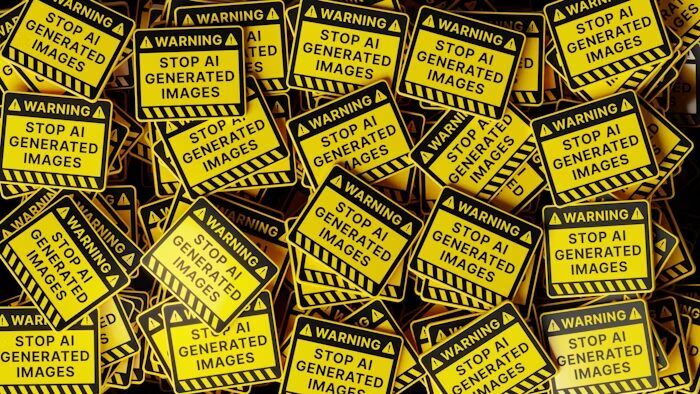 Banyak stiker kuning bertuliskan 'STOP AI GENERATED IMAGES' di Uprint.id.