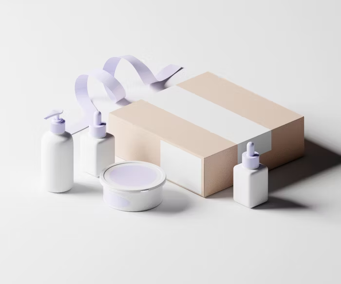 Kemasan kosmetik minimalis dengan warna pastel dan botol pipet.
