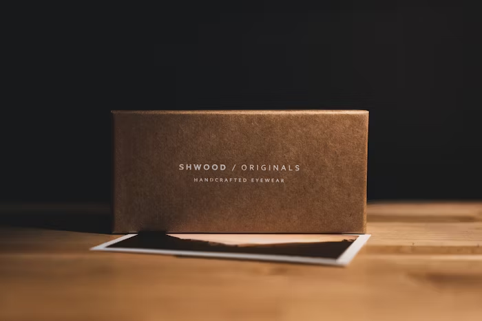 Kotak kardus berlabel 'Shwood / Originals' dengan tulisan 'Handcrafted Eyewear' di atas meja kayu.