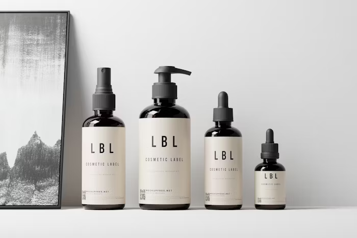 Empat botol kosmetik LBL dengan desain minimalis di depan kanvas abstrak.