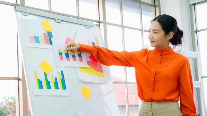 Perempuan mempresentasikan grafik berwarna di papan tulis.