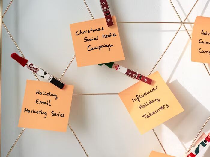 Papan catatan dengan tulisan strategi promosi natal dan influencer marketing.