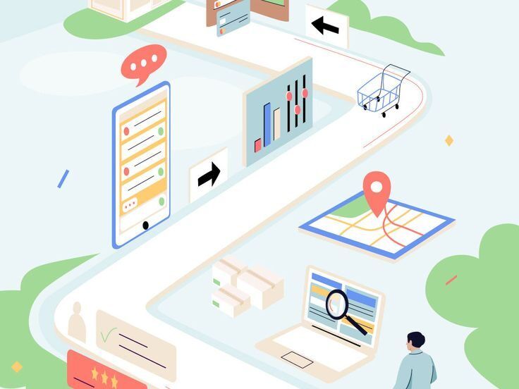 Ilustrasi proses percetakan online melalui aplikasi dan alat digital.