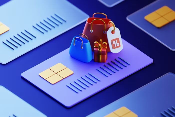 Ilustrasi 3D kartu dan tas belanja dengan tag harga, representatif untuk layanan percetakan digital.