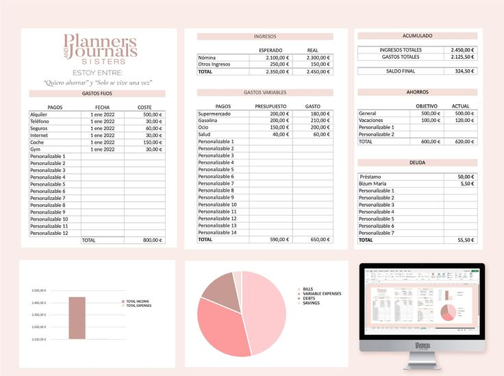 Desain finansial dari Planners and Journals Sisters dengan grafik dan tabel.