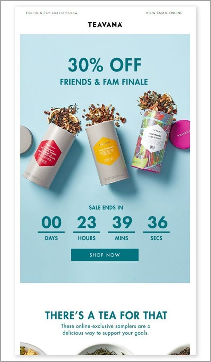 Iklan Teavana dengan penawaran diskon 30% untuk Friends & Fam Finale.