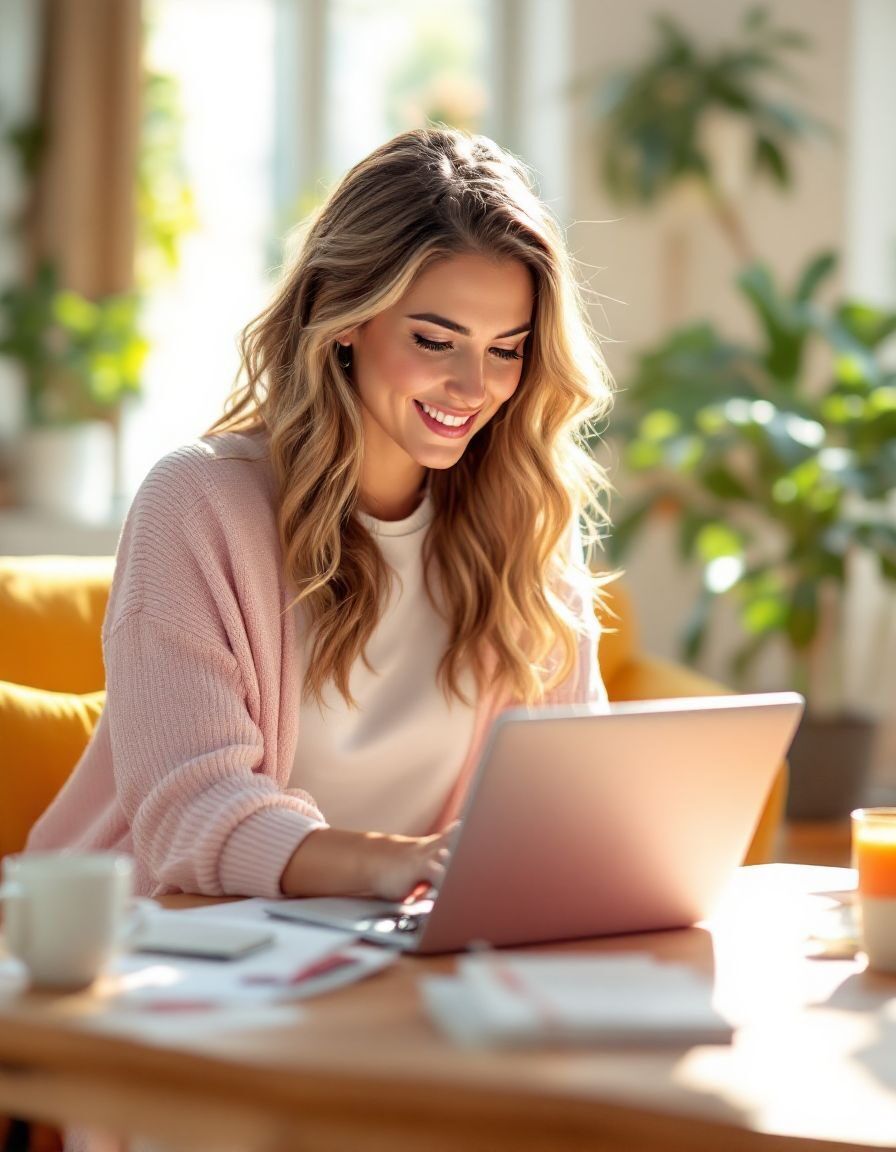 Perempuan tersenyum sambil bekerja di laptop di ruang kerja hangat.