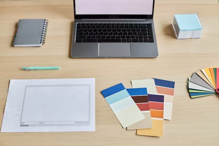 Meja kerja dengan laptop, cat swatch, dan lembar kosong untuk desain.