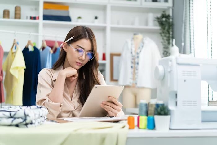 Desainer fashion berfokus pada tablet di studio kerja.
