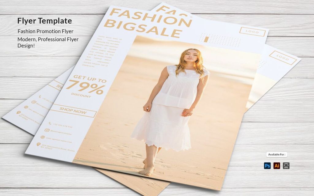 Desain flyer promosi fashion modern dan profesional dengan penjualan besar hingga 79%.