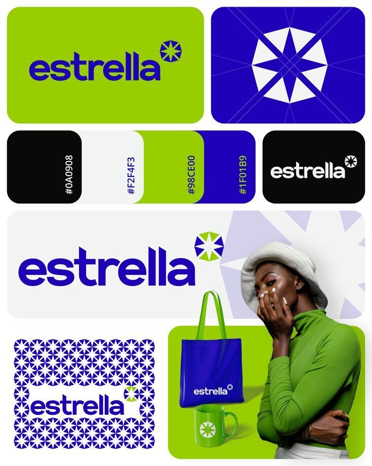 Desain branding Estrella dengan berbagai elemen visual dan warna yang konsisten.