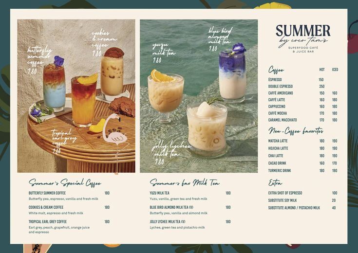 Menu minuman Summer's Special Coffee dengan berbagai pilihan es kopi dan teh.