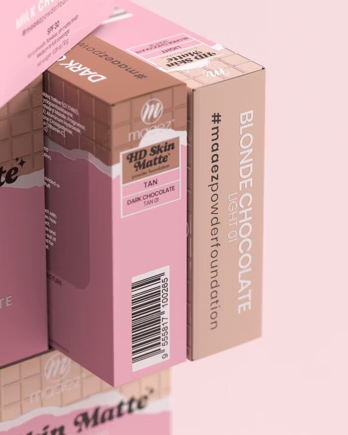 Paket foundation Maadez HD Skin Matte dalam warna cokelat dan blonde dengan detail kemasan.