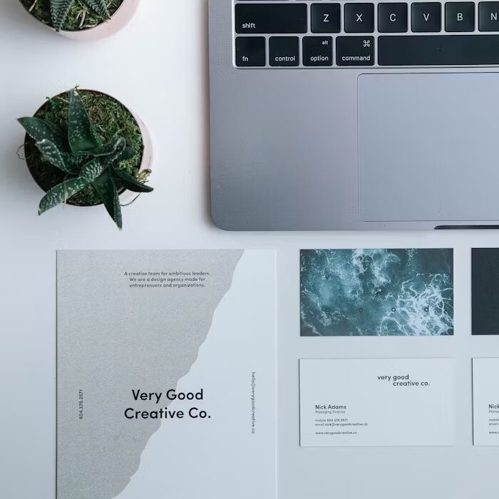 Tampilan kerja studio desain dengan laptop, pot tanaman, dan kartu nama untuk menyiapkan identitas visual product launch brand lokal.