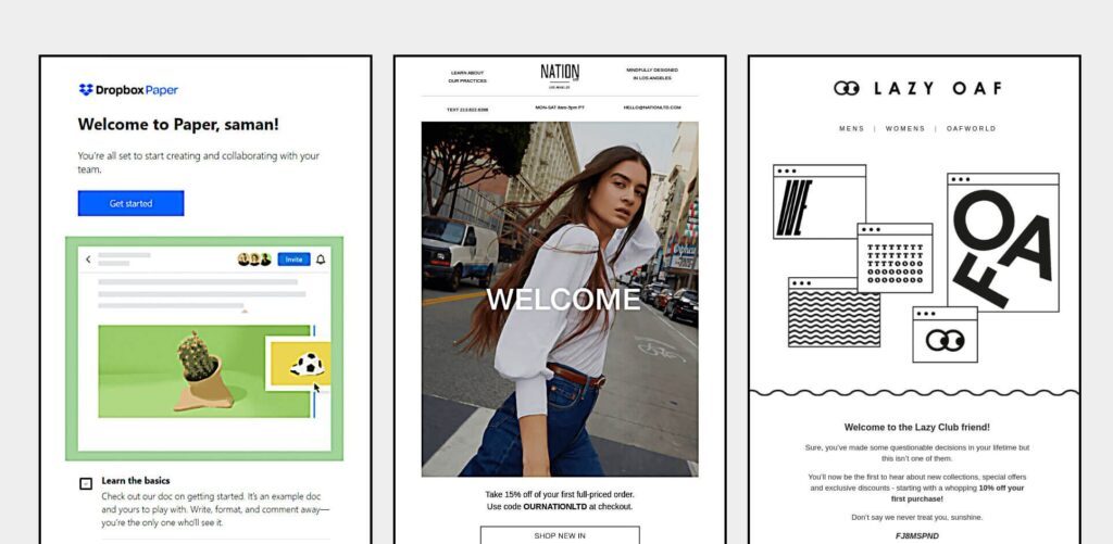 Tiga contoh halaman web dari Dropbox Paper, Nation, dan Lazy Oaf.