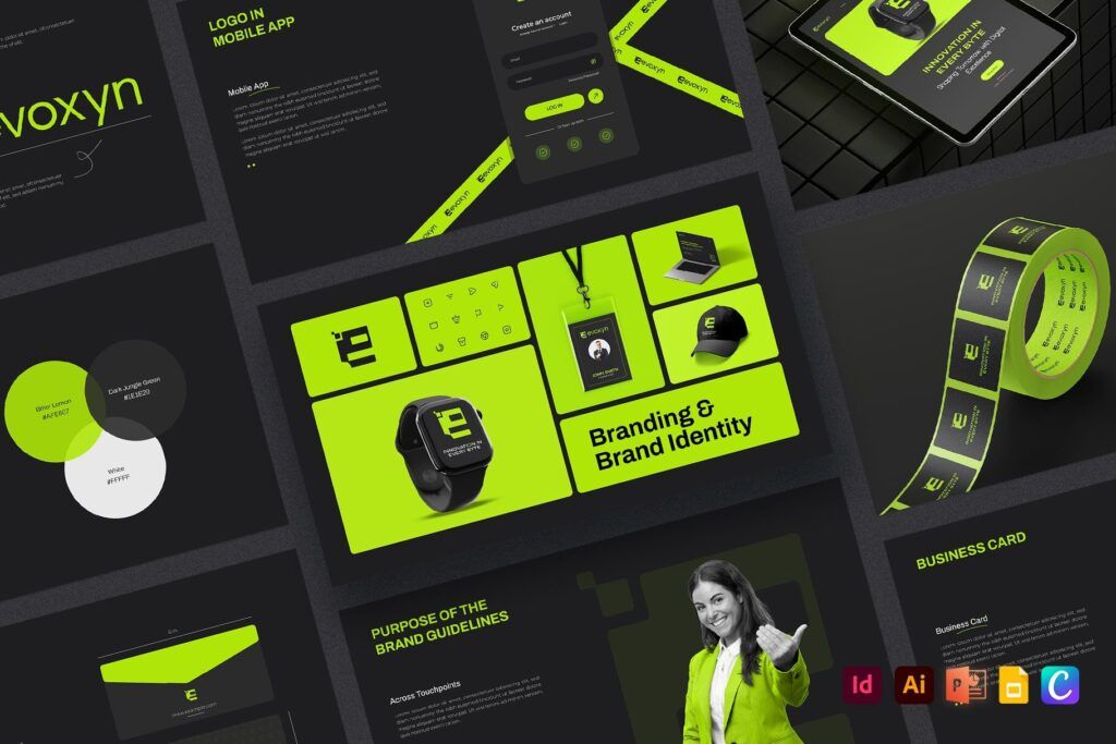 Gambar menunjukkan desain branding dan identitas visual dengan elemen-elemen grafis dan produk percetakan.