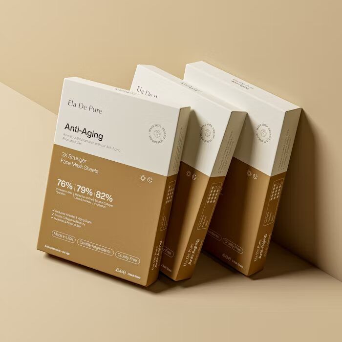 Tiga kotak produk dengan desain elegan yang menunjukkan penggunaan warna, informasi, dan struktur kemasan premium.