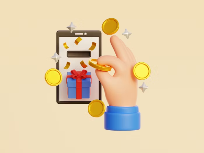Ilustrasi tangan memegang koin dan kotak hadiah di layar smartphone menggambarkan promosi percetakan kemasan custom online