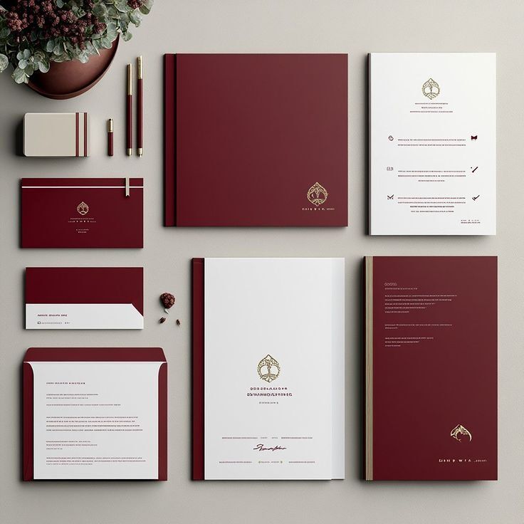 Paket stationery elegan dengan warna marun dan emas, ideal untuk branding profesional.