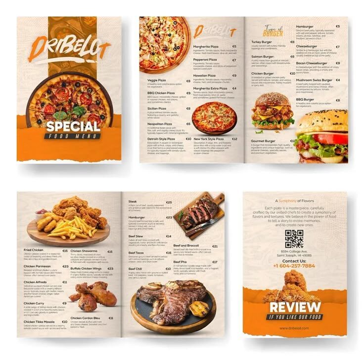 Brochure menu makanan spesial dari Dribelot dengan berbagai pilihan hidangan dan burger.