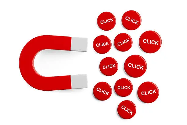 Ilustrasi magnet besar dengan tombol kecil berlabel 'Click' di sekelilingnya.