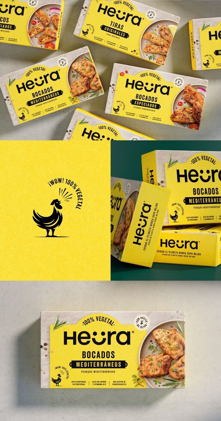 Paket percetakan kemasan makanan vegetarian Heura dengan desain menarik dan warna kuning cerah.