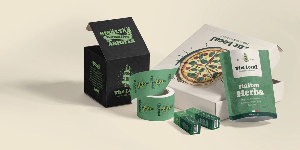 Paket makanan dan minuman The Local dengan desain menarik dan warna hijau.