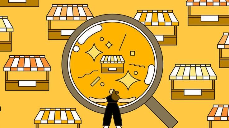 Ilustrasi pencarian percetakan online dengan latar belakang toko-toko mini.