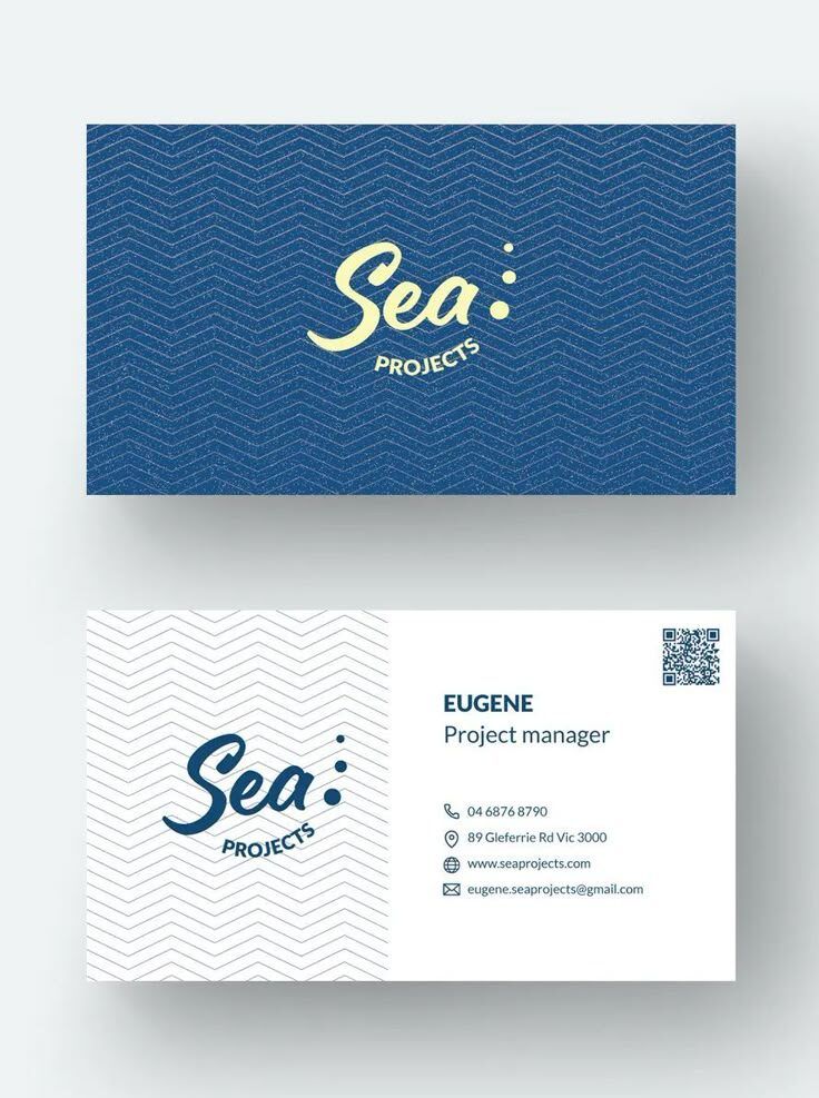 Kartu nama desain modern dengan pola garis dan logo Sea Projects.