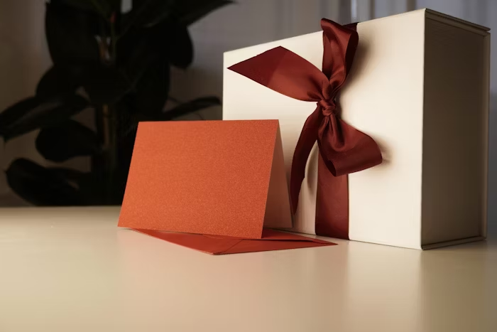 Paket hadiah elegan dengan kotak putih dan kartu oranye, cocok untuk acara spesial.