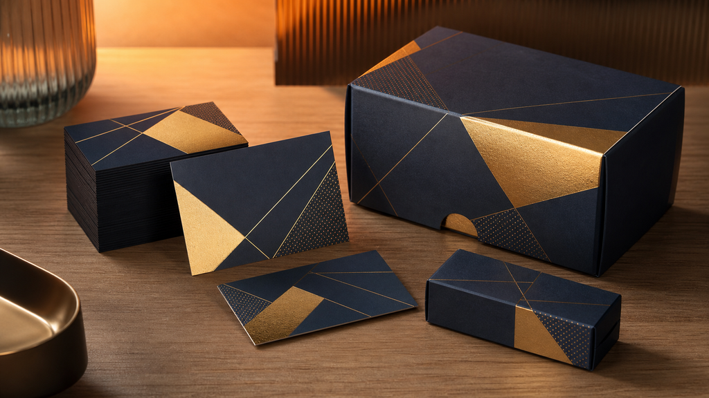 Materi cetak premium dengan pola geometris custom dan aksen hot foil stamping gold