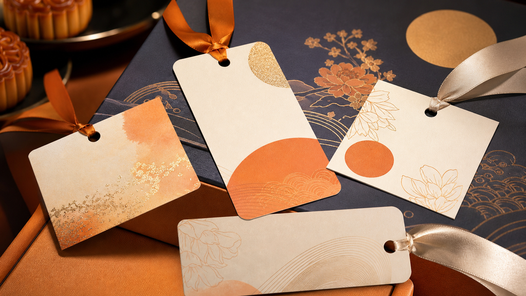 Contoh ukuran dan bentuk gift tag mooncake custom pada box premium