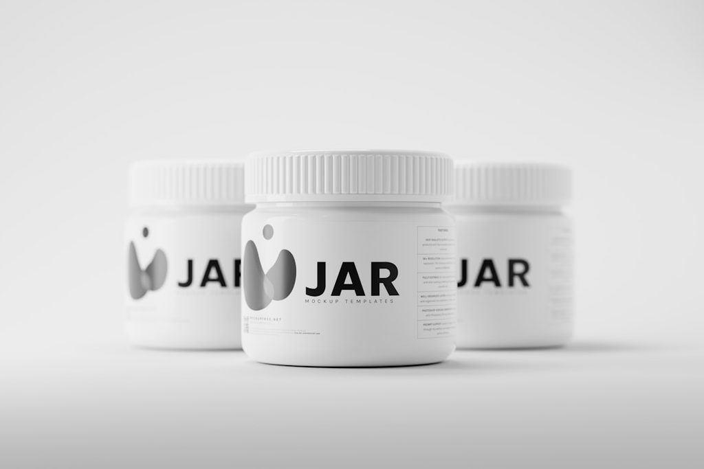 Tiga kemasan jar putih dengan logo dan tulisan 'JAR' pada label.