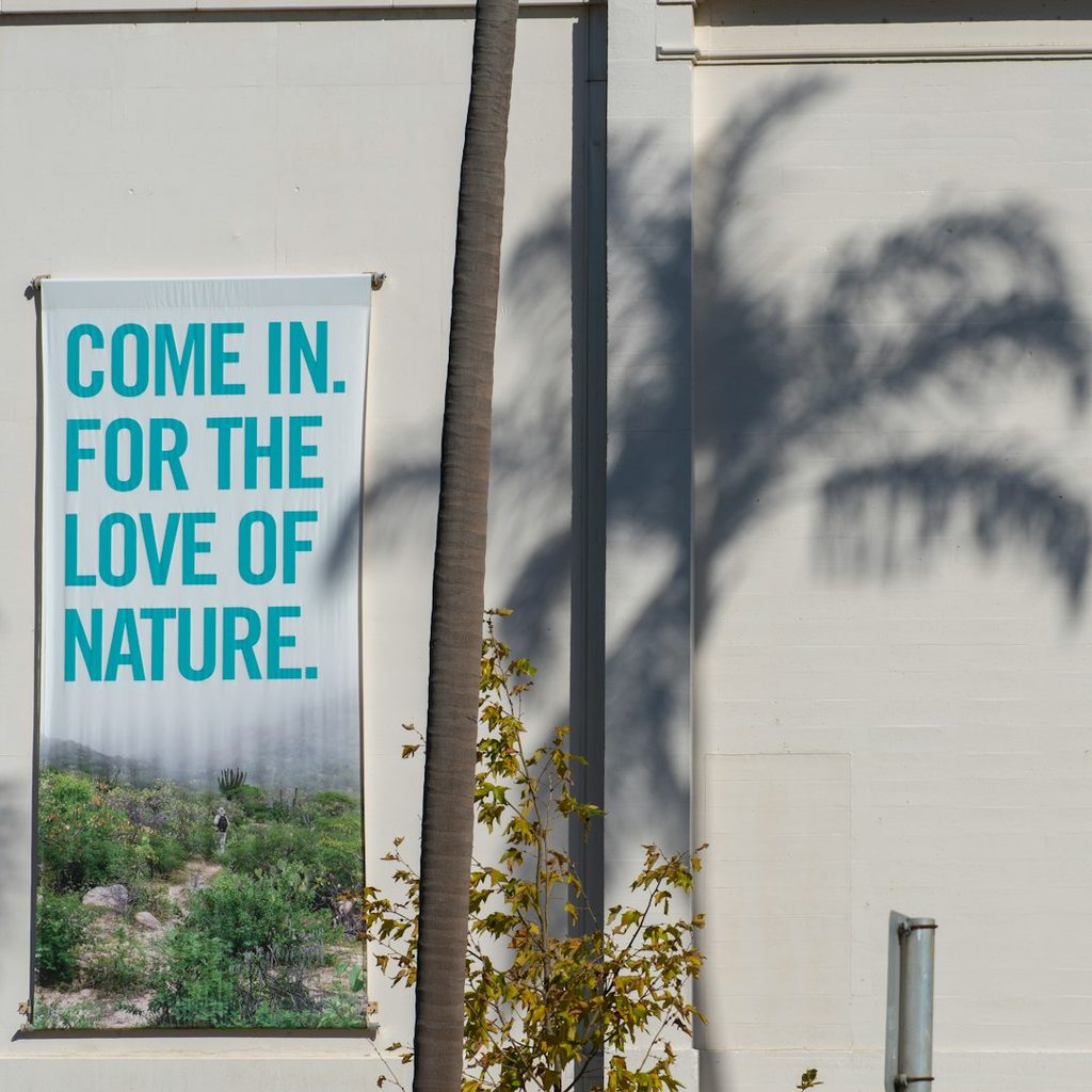 Banner bertuliskan 'Come In for the Love of Nature' di depan bangunan dengan bayangan palma di sekitarnya.
