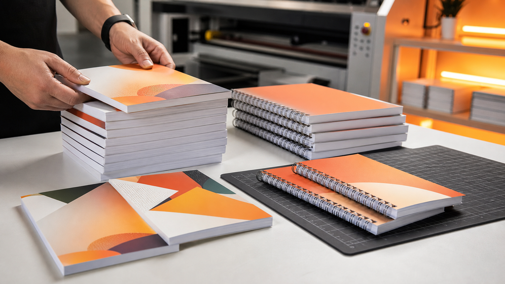 Proses finishing cover notepad custom dengan laminasi dan pilihan jilid profesional