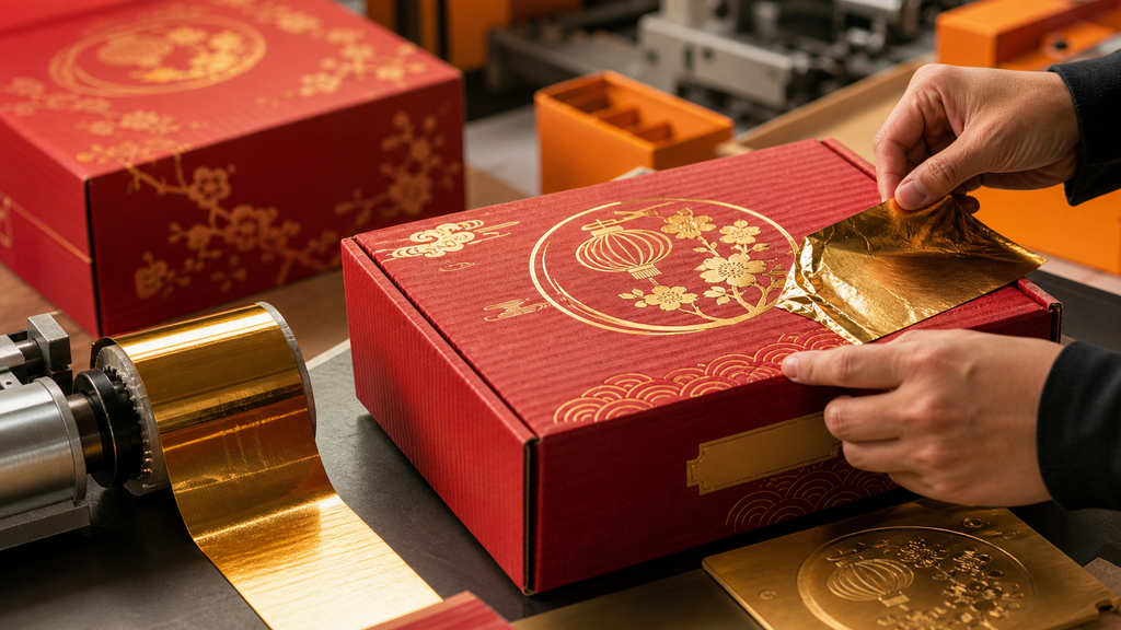 Finishing foil stamping emas pada packaging corrugated box Imlek custom