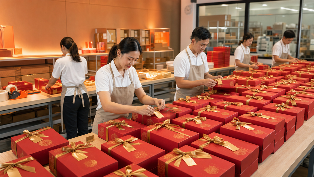 Tim packing menata hampers mooncake dengan gift tag seragam untuk order 500 pcs