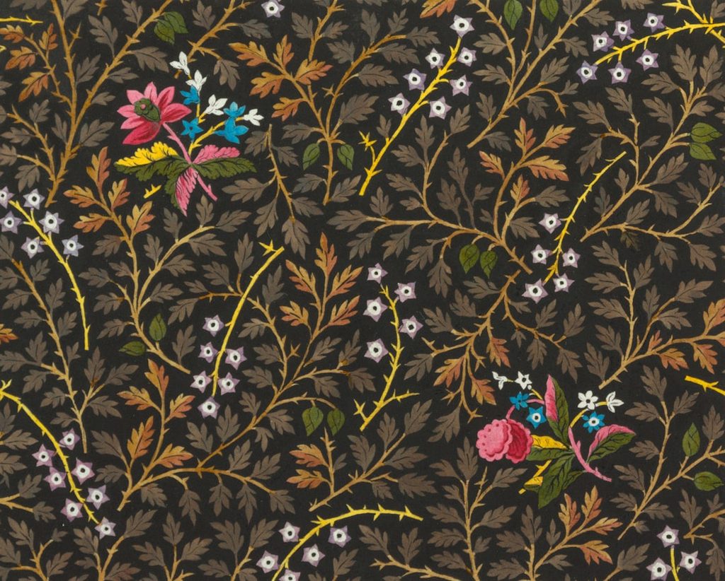 Desain motif floral elegan dengan warna cerah dan detail tumbuhan.