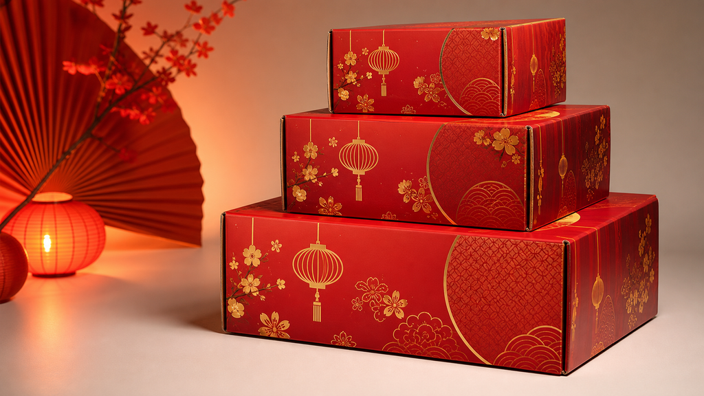 Corrugated box Imlek custom branded Surabaya berkualitas tinggi untuk hampers
