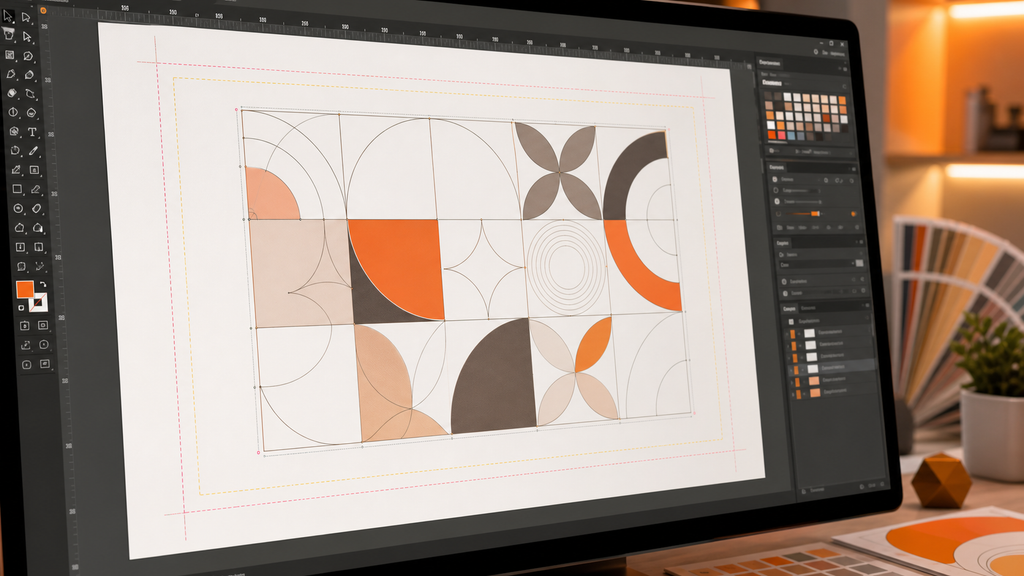 Ilustrasi file desain vektor pola geometris dengan standar teknis bleed dan safe zone