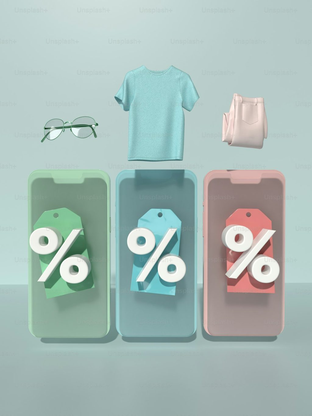 Ilustrasi promosi percetakan online dengan t-shirt, kacamata, dan tag harga.