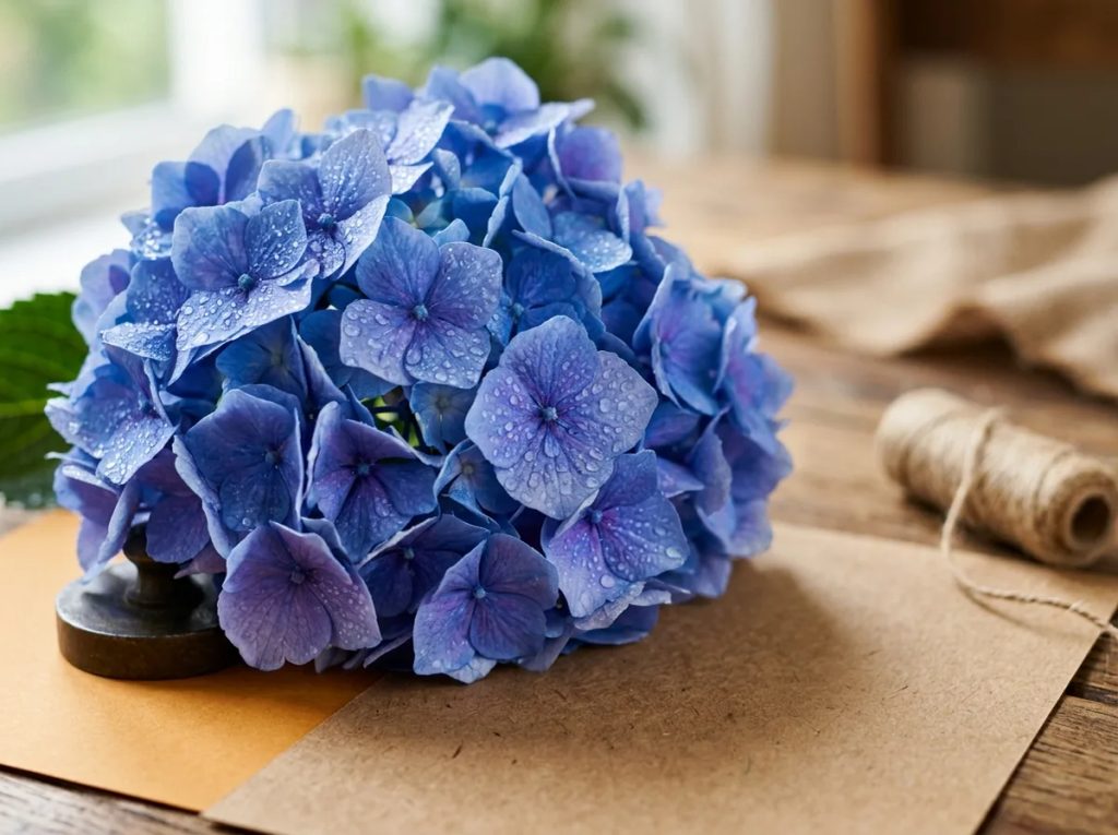 Bunga hydrangea hortensia biru bergerombol lebat melambangkan rasa syukur yang tulus