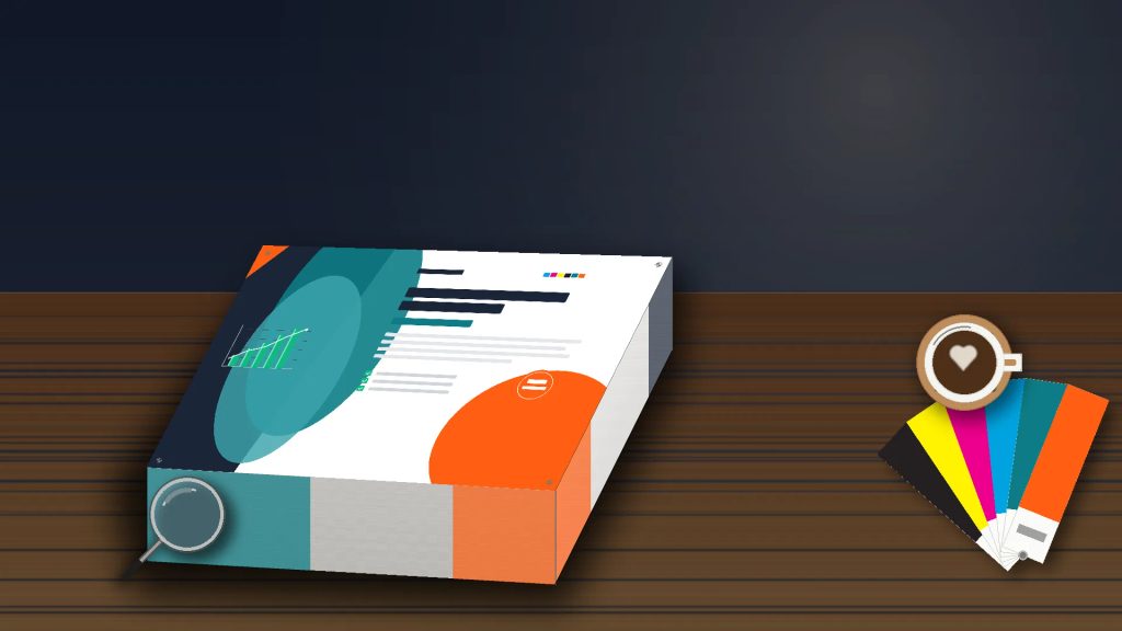 Tumpukan cetak flyer 1 rim online berkualitas di atas meja kayu dengan panduan warna CMYK untuk promosi bisnis.