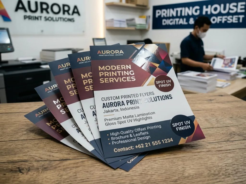 Pilihan finishing spot UV dan laminasi matte pada tumpukan flyer custom berkualitas Uprint.id