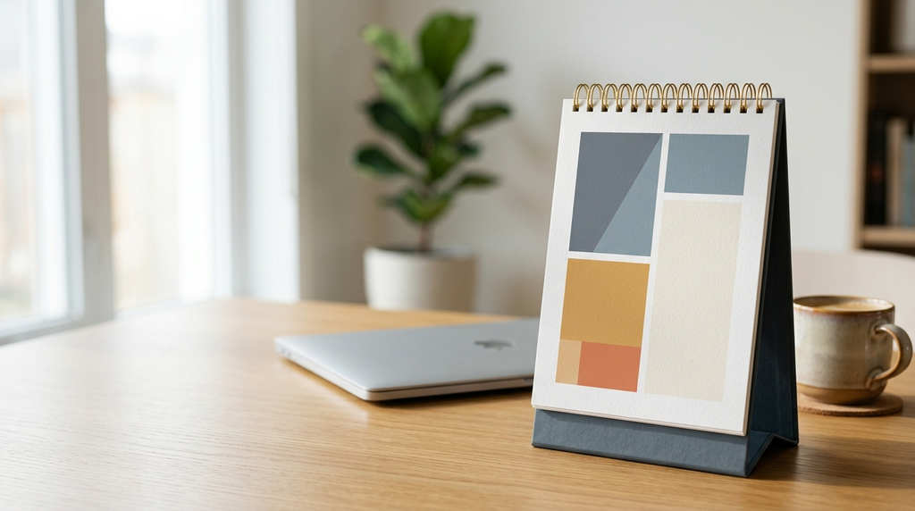 Kalender meja A5 portrait custom berdiri anggun di atas meja kerja profesional