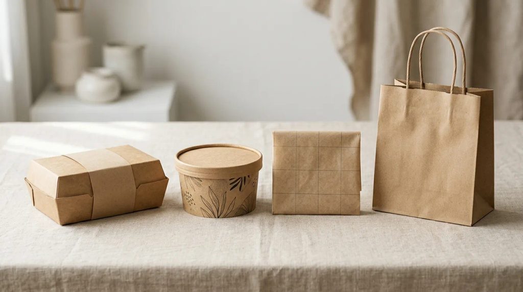 Inspirasi berbagai kemasan makanan ramah lingkungan dari bahan kertas kraft yang modern untuk produk kuliner UMKM.